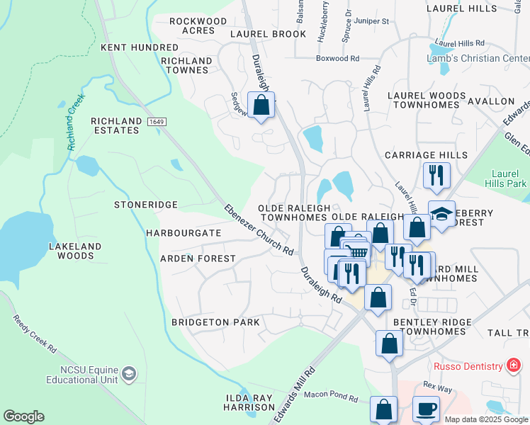 map of restaurants, bars, coffee shops, grocery stores, and more near 3602 Burwell Rollins Circle in Raleigh