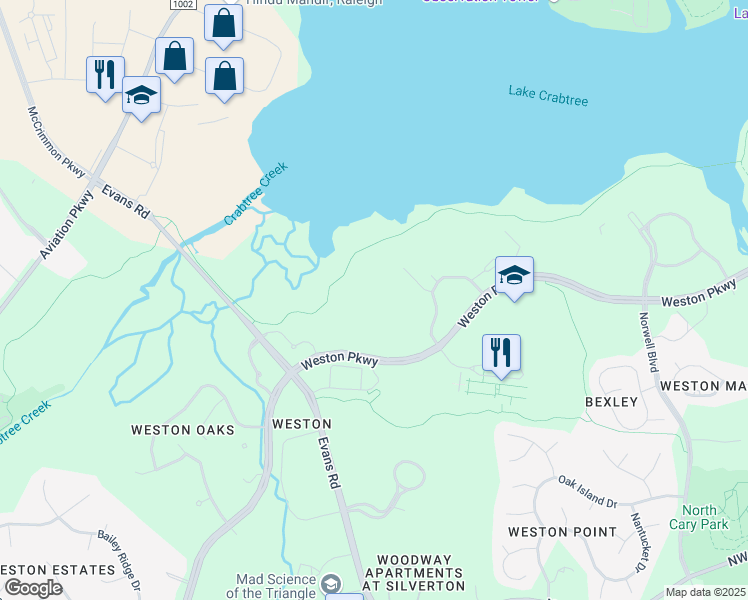 map of restaurants, bars, coffee shops, grocery stores, and more near 11000 Weston Parkway in Cary