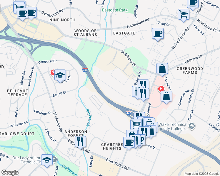 map of restaurants, bars, coffee shops, grocery stores, and more near 816 Navaho Drive in Raleigh