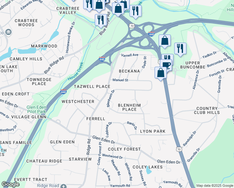 map of restaurants, bars, coffee shops, grocery stores, and more near 1008 Blenheim Drive in Raleigh