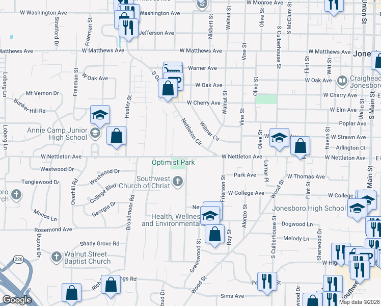 map of restaurants, bars, coffee shops, grocery stores, and more near 1104 County Road 449 in Jonesboro