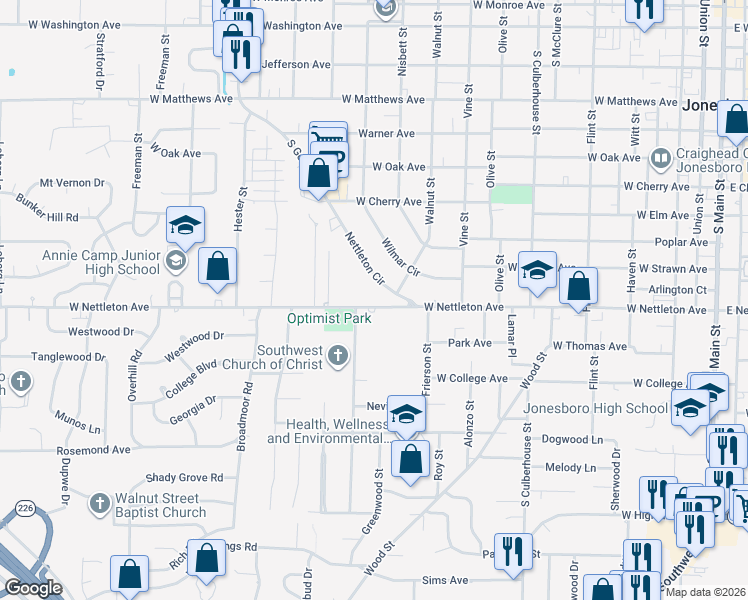 map of restaurants, bars, coffee shops, grocery stores, and more near 1104 County Road 449 in Jonesboro