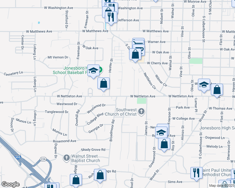 map of restaurants, bars, coffee shops, grocery stores, and more near 1600 County Road 449 in Jonesboro