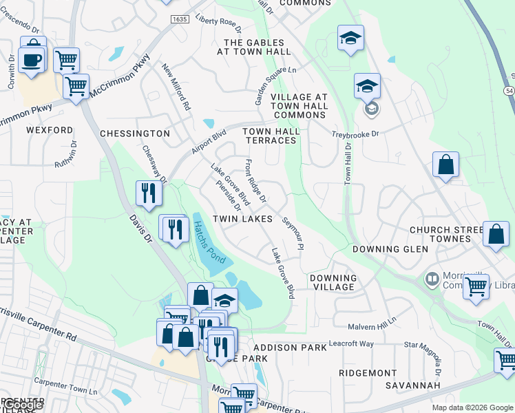 map of restaurants, bars, coffee shops, grocery stores, and more near 203 Lime Creek Court in Cary