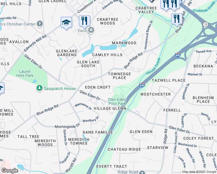 map of restaurants, bars, coffee shops, grocery stores, and more near 3608 Eden Croft Drive in Raleigh