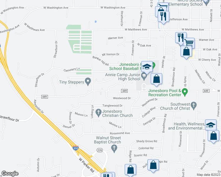 map of restaurants, bars, coffee shops, grocery stores, and more near 2013 Cenwood Drive in Jonesboro