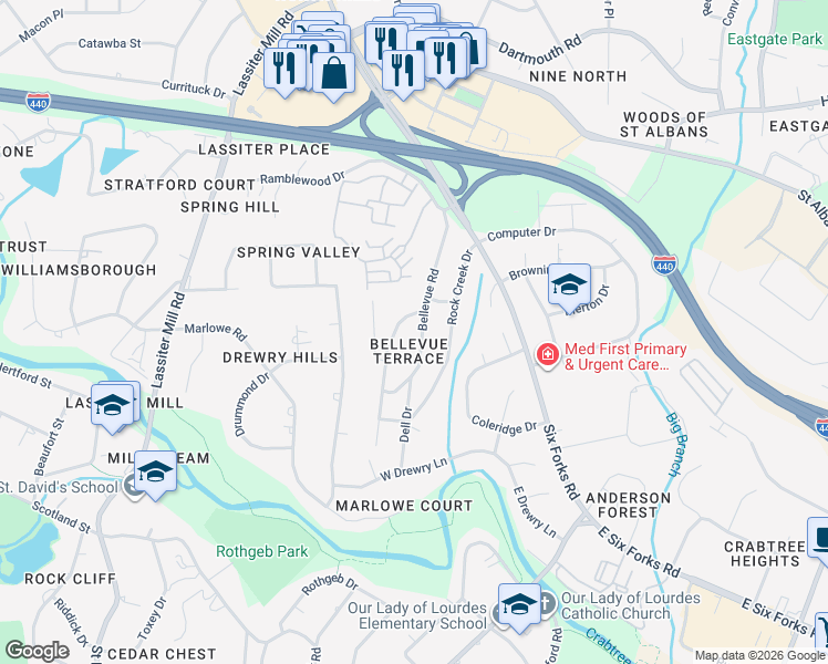 map of restaurants, bars, coffee shops, grocery stores, and more near 3515 Bellevue Road in Raleigh