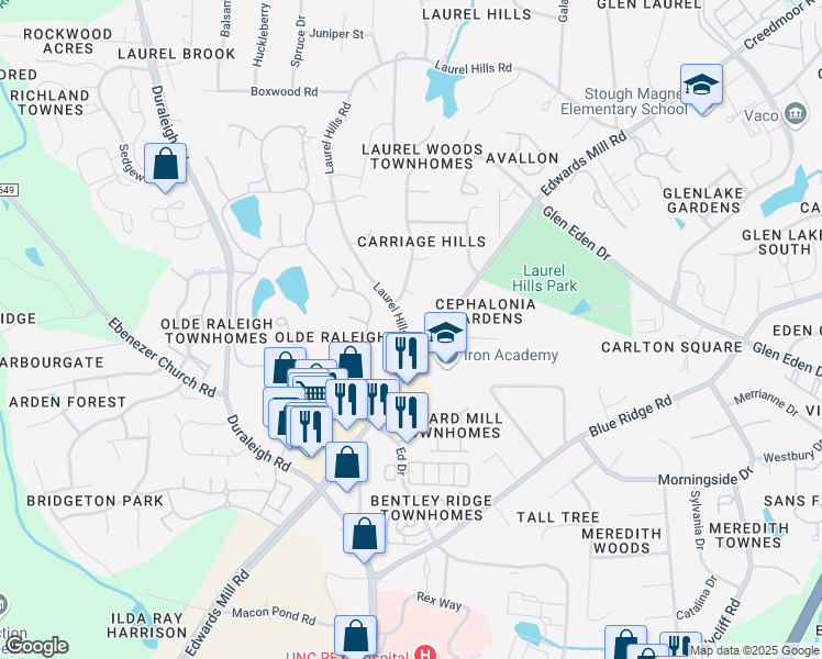map of restaurants, bars, coffee shops, grocery stores, and more near 3608 Henrys Garden Lane in Raleigh