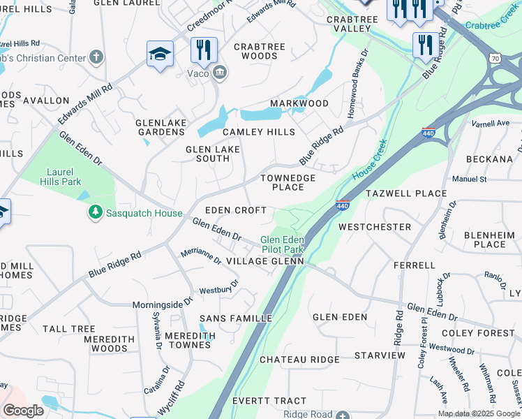 map of restaurants, bars, coffee shops, grocery stores, and more near 3608 Eden Croft Drive in Raleigh