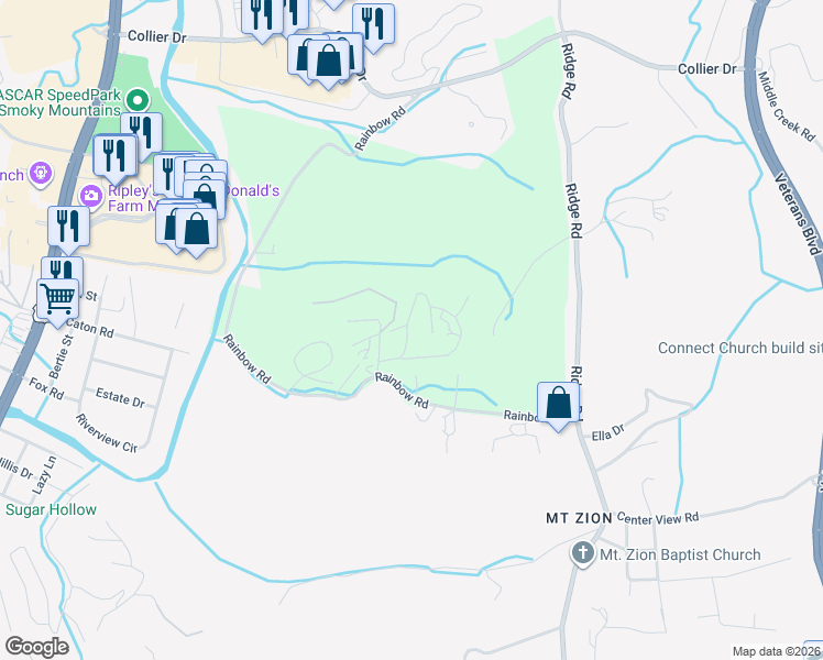 map of restaurants, bars, coffee shops, grocery stores, and more near 1584 Rainbow Ridge Way in Sevierville