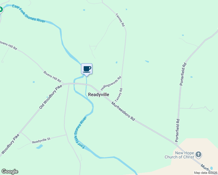 map of restaurants, bars, coffee shops, grocery stores, and more near 102 Hollingsworth Road in Readyville