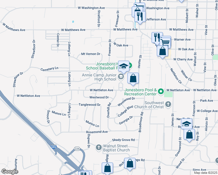 map of restaurants, bars, coffee shops, grocery stores, and more near 1918 West Nettleton Avenue in Jonesboro