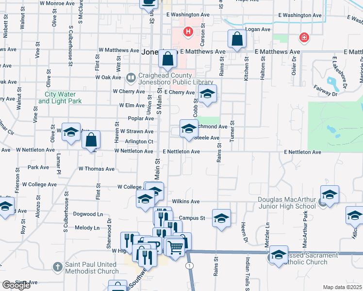 map of restaurants, bars, coffee shops, grocery stores, and more near 210 East Nettleton Avenue in Jonesboro