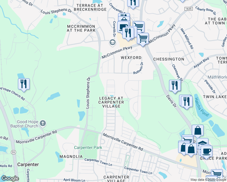 map of restaurants, bars, coffee shops, grocery stores, and more near 602 Carlton Commons Lane in Cary