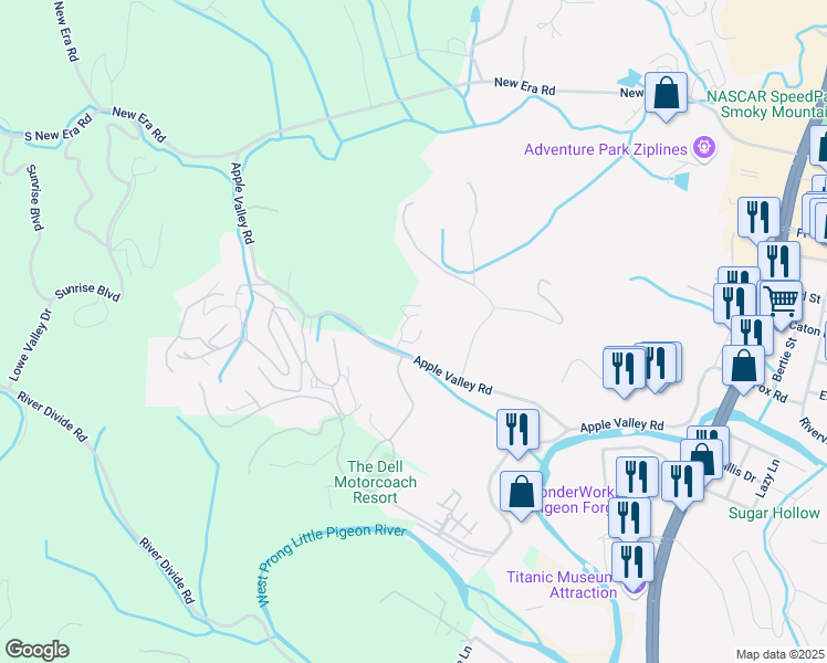 map of restaurants, bars, coffee shops, grocery stores, and more near 439 Country Path Way in Sevierville