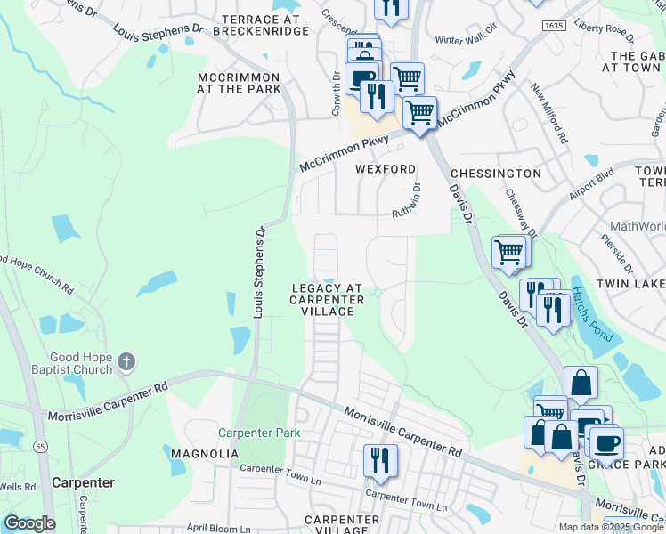 map of restaurants, bars, coffee shops, grocery stores, and more near 602 Carlton Commons Lane in Cary