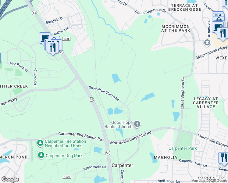 map of restaurants, bars, coffee shops, grocery stores, and more near 6808 Good Hope Church Road in Morrisville