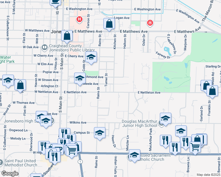 map of restaurants, bars, coffee shops, grocery stores, and more near 1320 Kitchen Street in Jonesboro