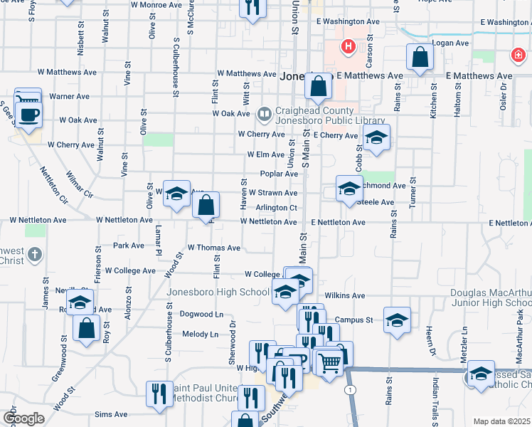 map of restaurants, bars, coffee shops, grocery stores, and more near 300 West Nettleton Avenue in Jonesboro