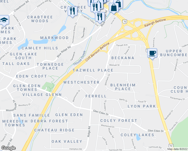 map of restaurants, bars, coffee shops, grocery stores, and more near 1108 Bancroft Street in Raleigh