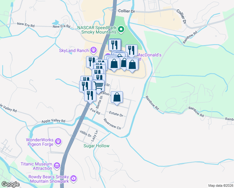 map of restaurants, bars, coffee shops, grocery stores, and more near 212 Caton Road in Sevierville
