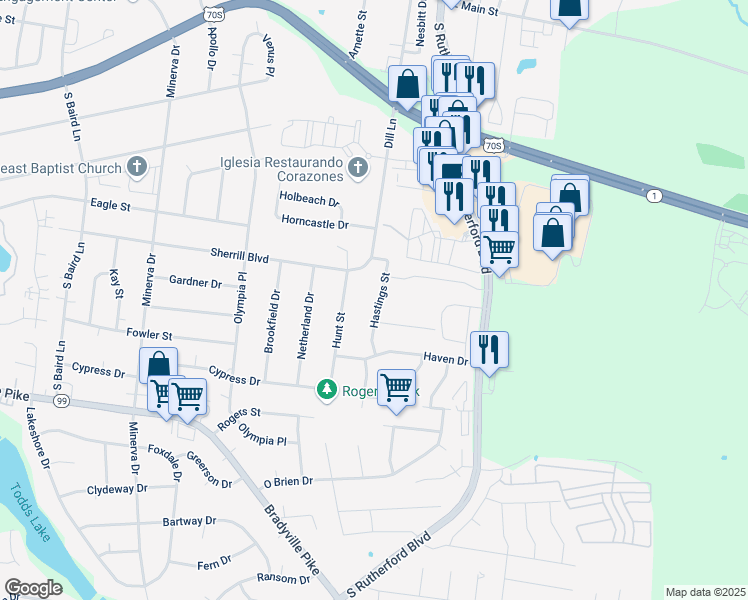 map of restaurants, bars, coffee shops, grocery stores, and more near 836 Hastings Street in Murfreesboro