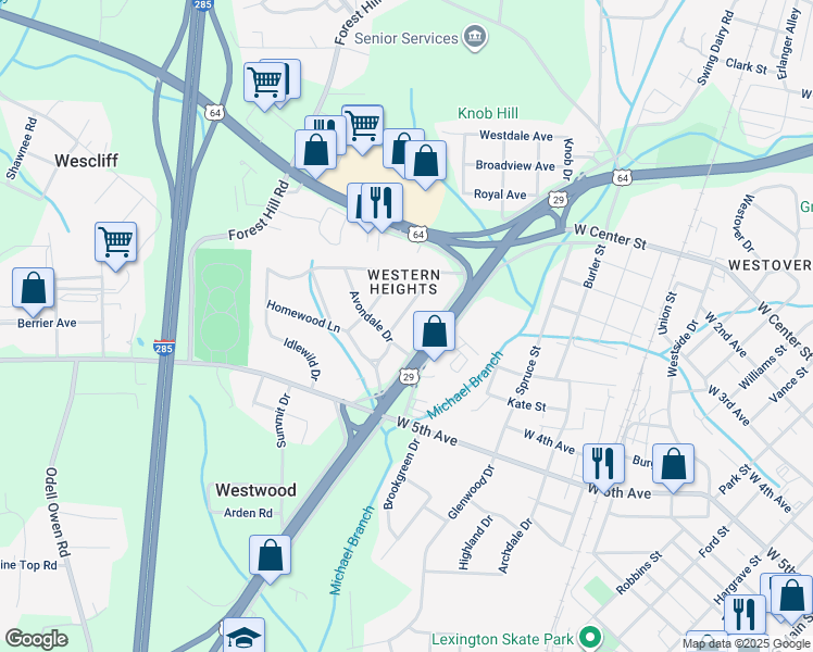 map of restaurants, bars, coffee shops, grocery stores, and more near 315 Sweetbriar Dr in Lexington