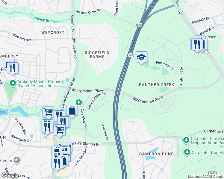 map of restaurants, bars, coffee shops, grocery stores, and more near McCrimmon Parkway in Cary