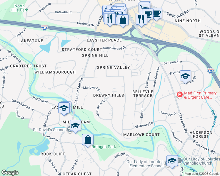 map of restaurants, bars, coffee shops, grocery stores, and more near 3511 Keats Place in Raleigh