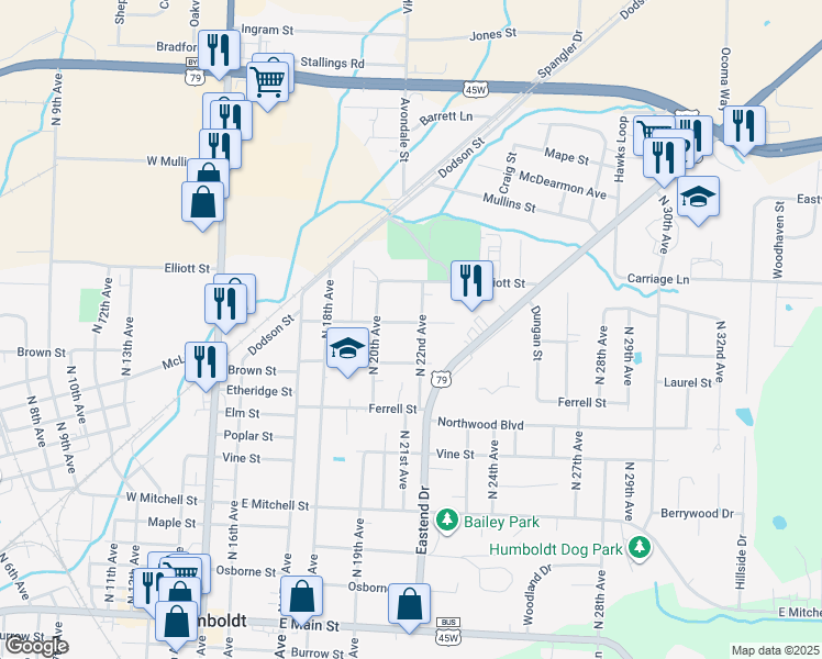 map of restaurants, bars, coffee shops, grocery stores, and more near 2110 Campbell St in Humboldt