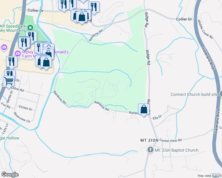 map of restaurants, bars, coffee shops, grocery stores, and more near 1584 Rainbow Ridge Way in Sevierville
