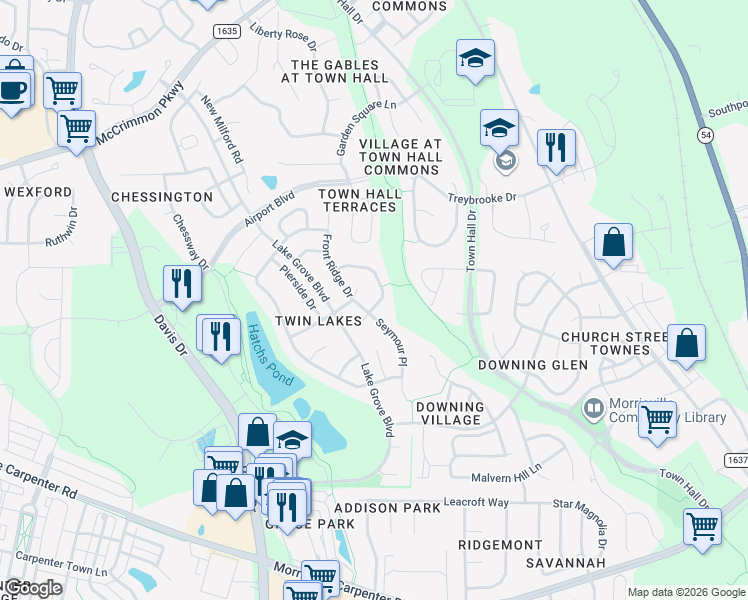 map of restaurants, bars, coffee shops, grocery stores, and more near 605 Piper Stream Circle in Cary