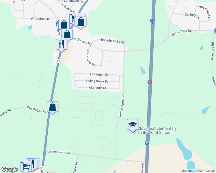 map of restaurants, bars, coffee shops, grocery stores, and more near 132 Altondale Drive in Statesville