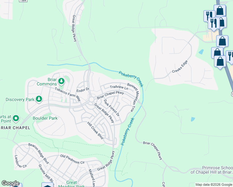 map of restaurants, bars, coffee shops, grocery stores, and more near 1411 Briar Chapel Parkway in Chapel Hill
