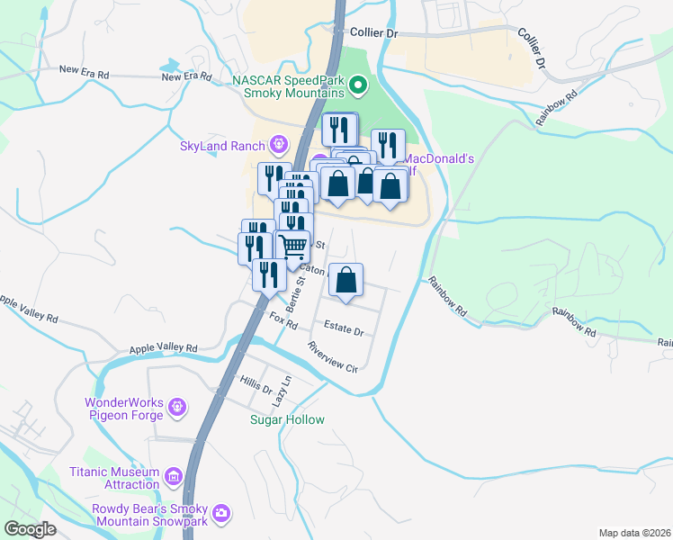 map of restaurants, bars, coffee shops, grocery stores, and more near 212 Caton Road in Sevierville