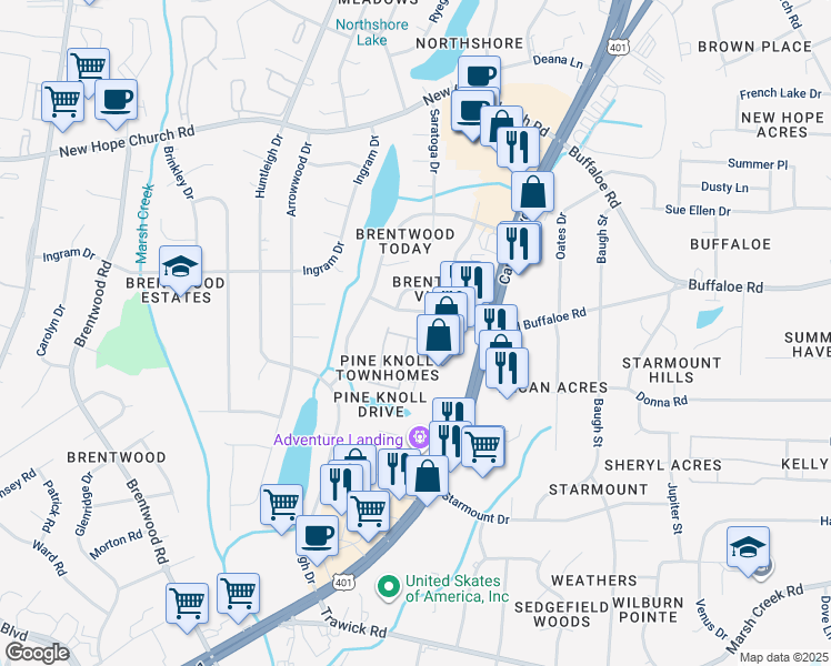 map of restaurants, bars, coffee shops, grocery stores, and more near 3125 Manhasset Lane in Raleigh