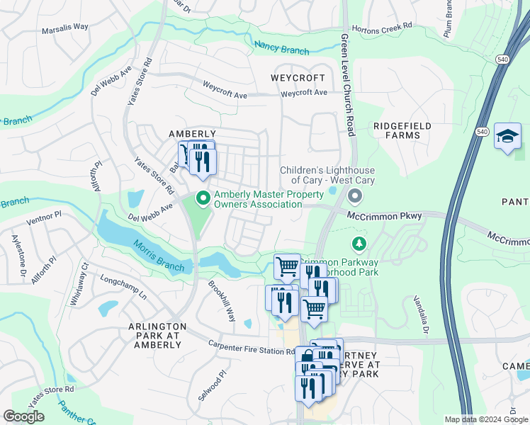map of restaurants, bars, coffee shops, grocery stores, and more near 7527 McCrimmon Parkway in Cary