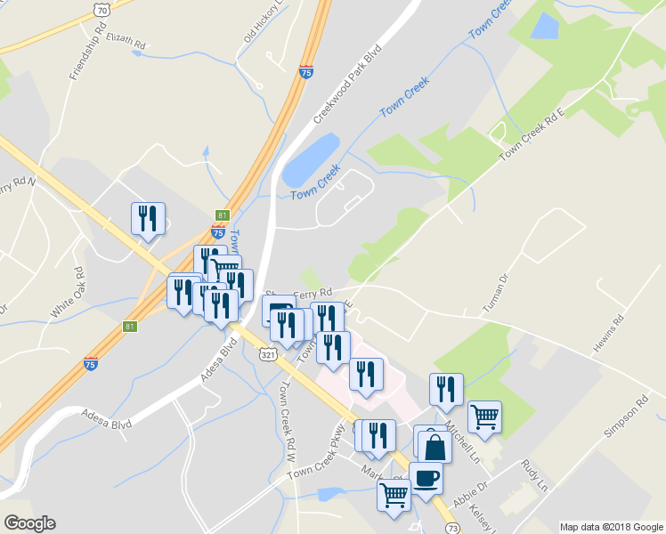 map of restaurants, bars, coffee shops, grocery stores, and more near 10910 Shaw Ferry Road in Lenoir City
