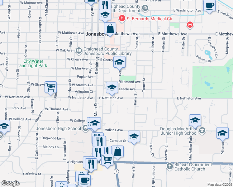 map of restaurants, bars, coffee shops, grocery stores, and more near 300 E Nettleton Ave in Jonesboro