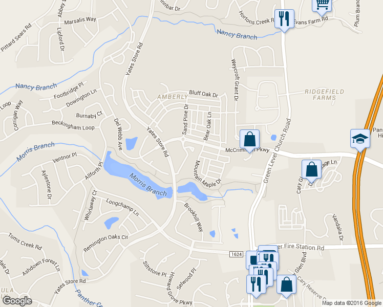 map of restaurants, bars, coffee shops, grocery stores, and more near 1050 Residents Club Drive in Cary