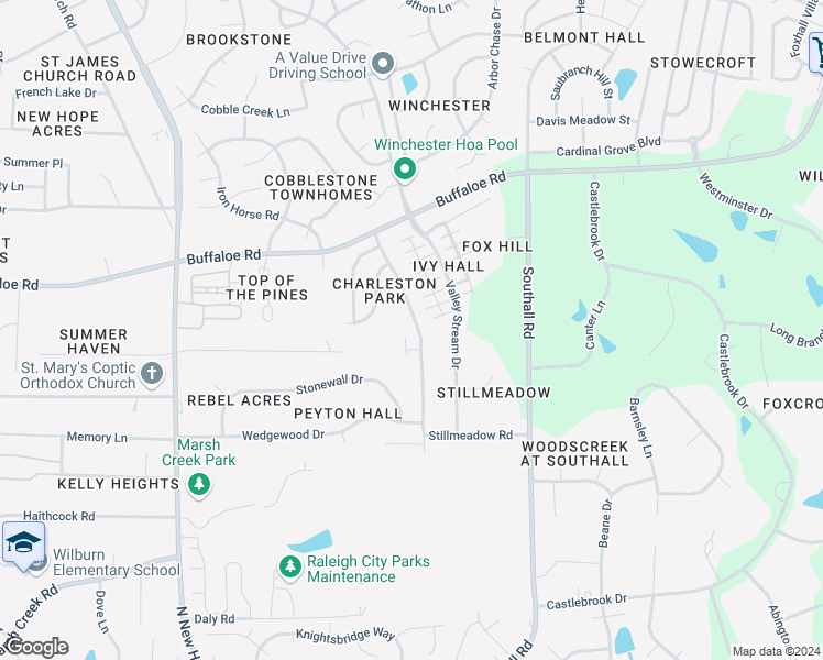map of restaurants, bars, coffee shops, grocery stores, and more near 3821 Charleston Park Drive in Raleigh