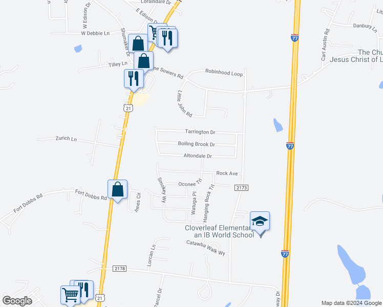 map of restaurants, bars, coffee shops, grocery stores, and more near 160 Altondale Drive in Statesville