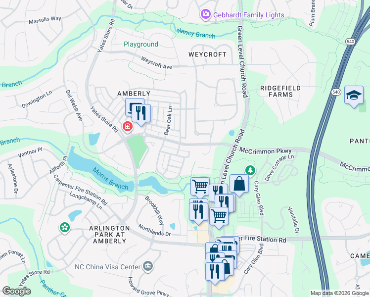 map of restaurants, bars, coffee shops, grocery stores, and more near 7527 McCrimmon Parkway in Cary