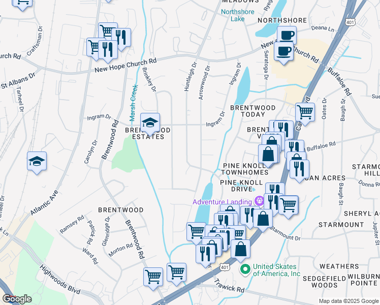 map of restaurants, bars, coffee shops, grocery stores, and more near 3424 Huntleigh Drive in Raleigh