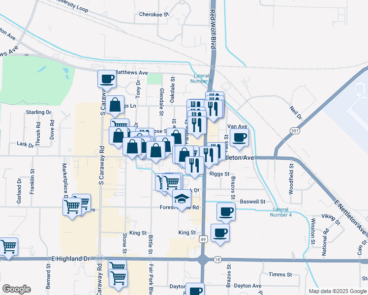 map of restaurants, bars, coffee shops, grocery stores, and more near 1323 Pardew Street in Jonesboro