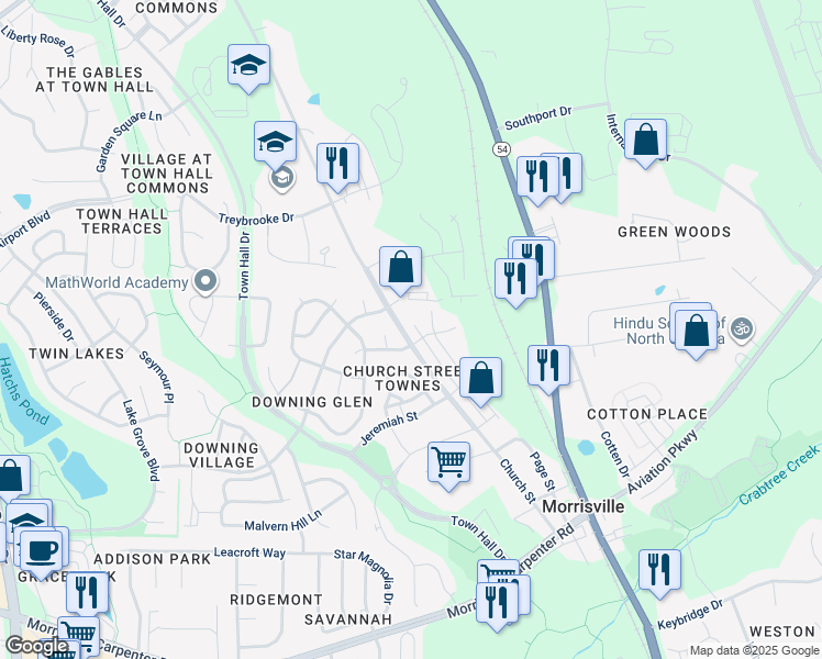 map of restaurants, bars, coffee shops, grocery stores, and more near 508 Church Street in Morrisville