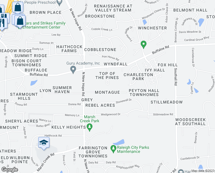 map of restaurants, bars, coffee shops, grocery stores, and more near 3601 Top of the Pines Court in Raleigh