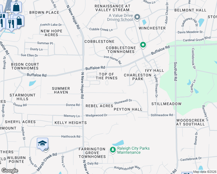 map of restaurants, bars, coffee shops, grocery stores, and more near 3600 Top of the Pines Court in Raleigh