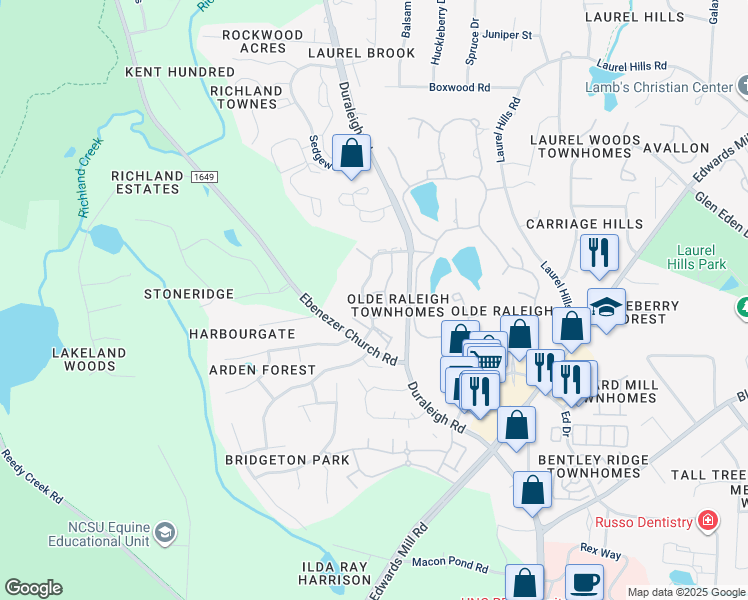 map of restaurants, bars, coffee shops, grocery stores, and more near 3609 Baron Monck Pass in Raleigh