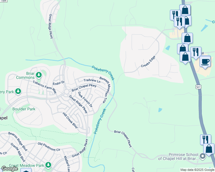 map of restaurants, bars, coffee shops, grocery stores, and more near 375 Bennett Mountain Trace in Chapel Hill